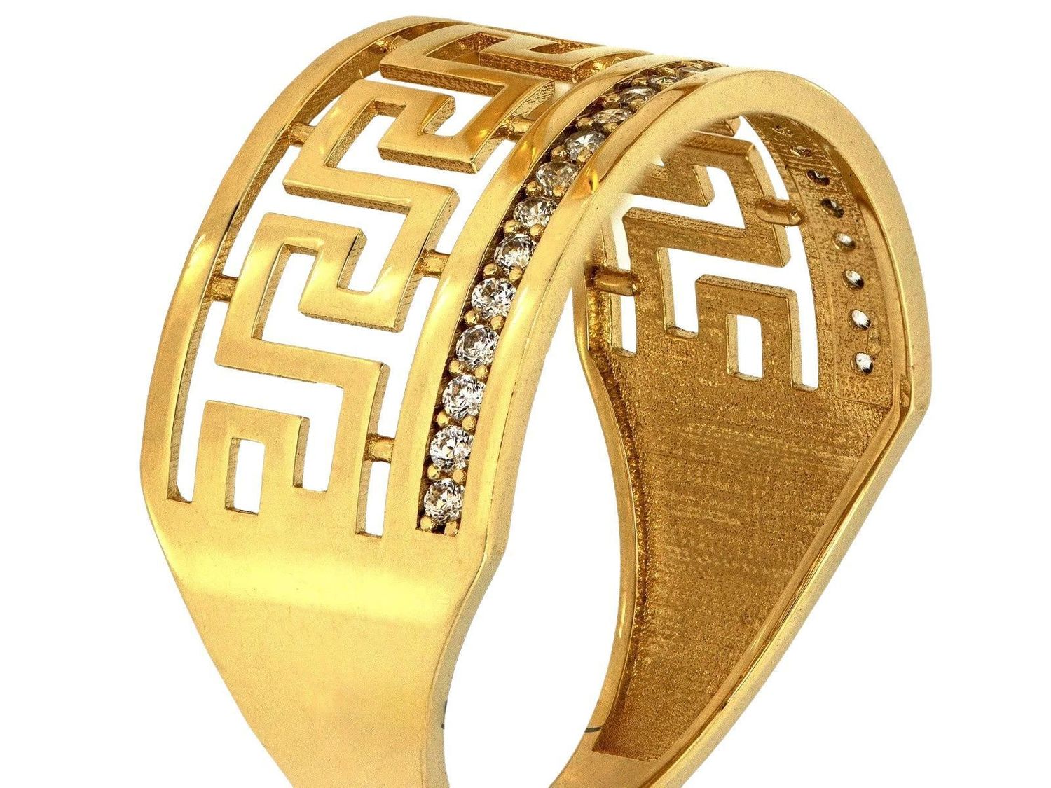 Elegancki pierścionek damski z żółtego złota próby 375, wysadzany cyrkoniami, z motywem greckim. Okazały, błyszczący pierścionek z kolekcji Ornament – idealny na prezent.1.jpg